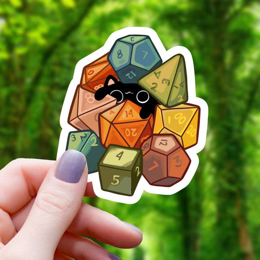 Cat Amongst Polyhedral Dice Sticker - 3"