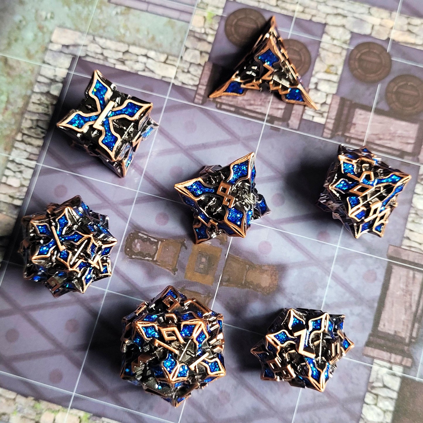 Gothic Knight Copper Blue Metal RPG Dice Set of 7