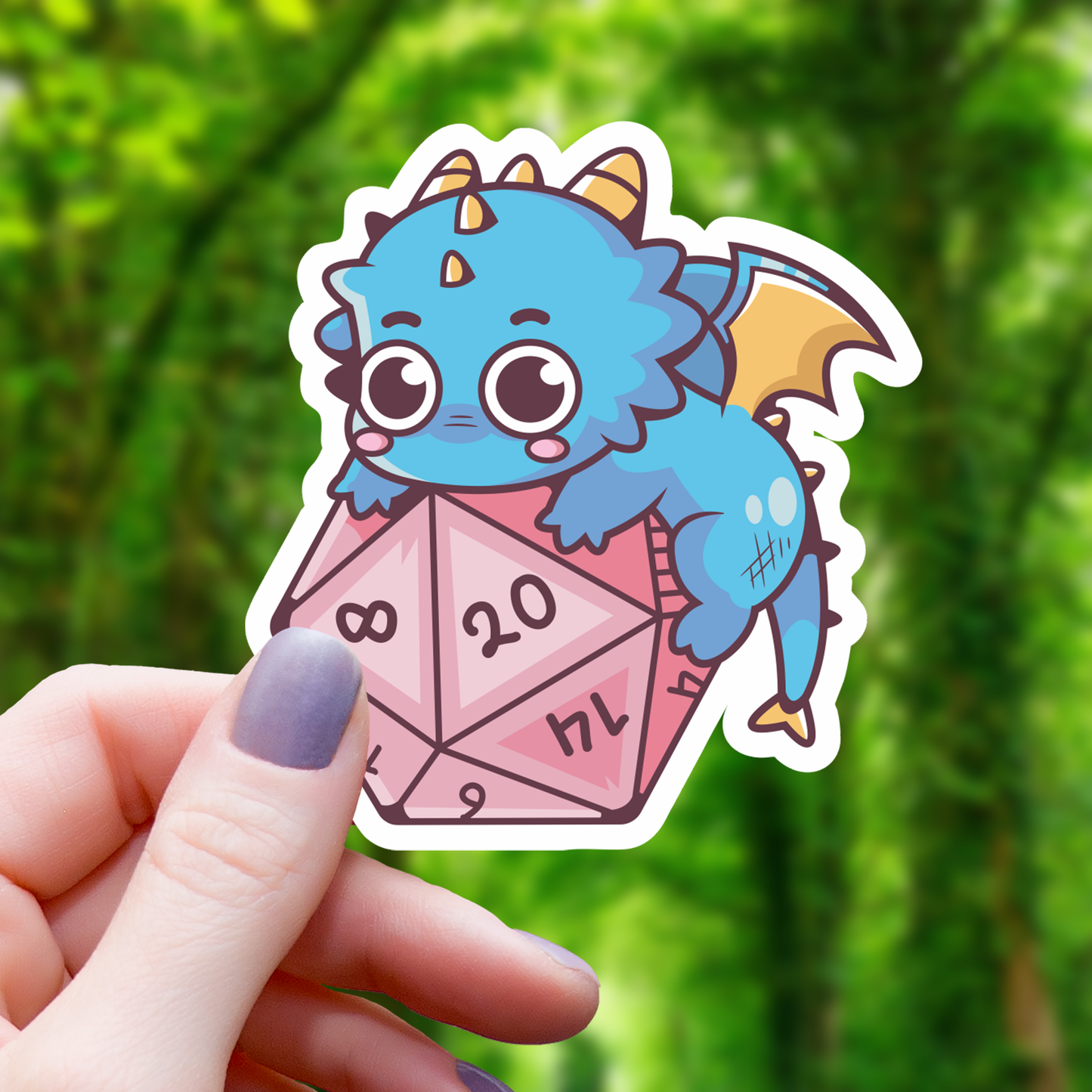 Kawaii Dragon on D20 Dice Sticker - 3"