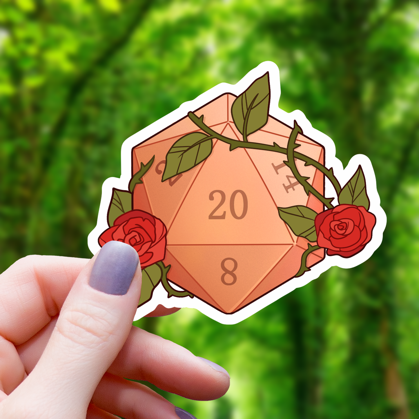 Floral Rose D20 Polyhedral Dice Sticker - 3"