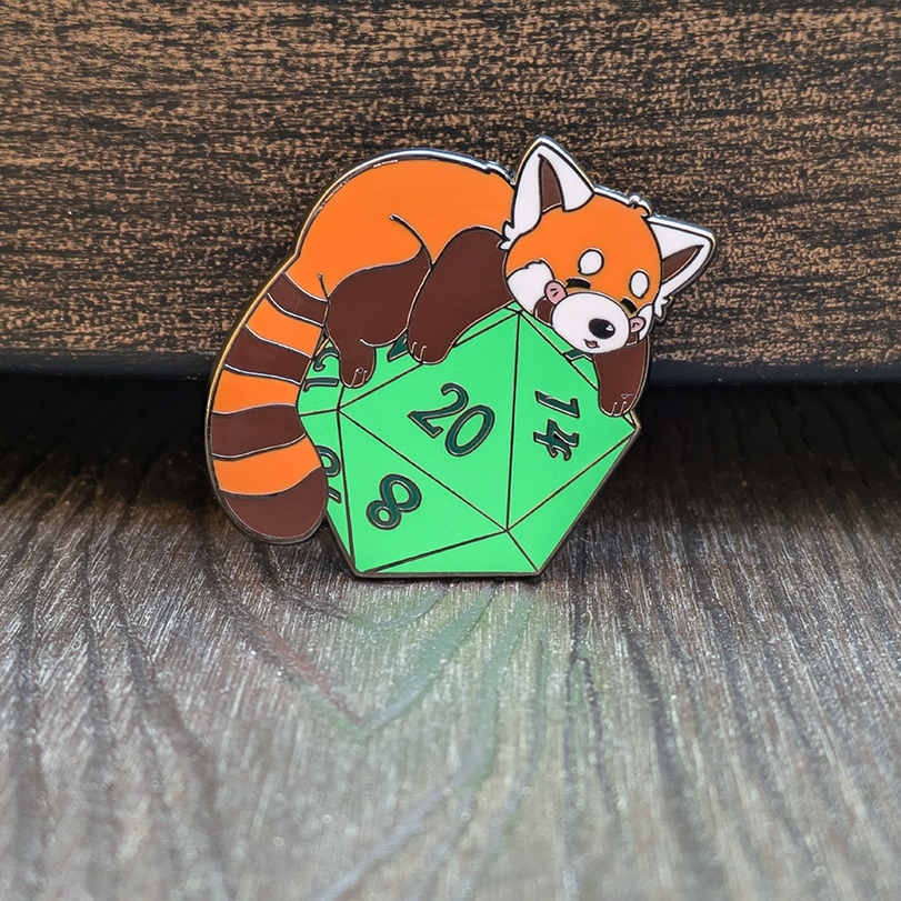 Red Panda Sleeping on D20 Hard Enamel Pin -1.5"