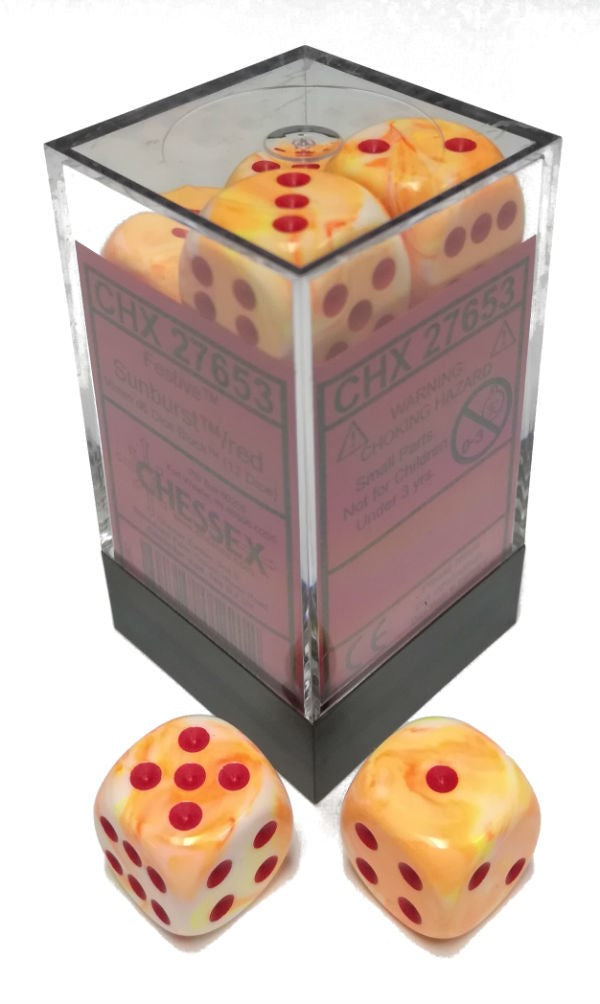 Dice Menagerie 10: 16mm D6 Festive Sunburst/Red (12