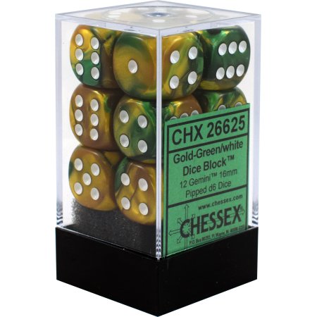 Gemini: 16mm D6 Gold Green/White (12)