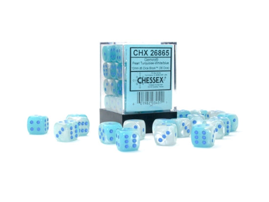 Gemini: 12mm d6 Pearl Turquoise-White/blue Luminary Dice Block (36 dice)