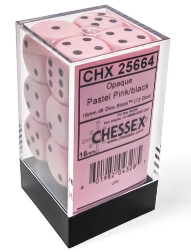 Opaque 16mm d6 Pastel Pink/black Dice Block (12 dice)