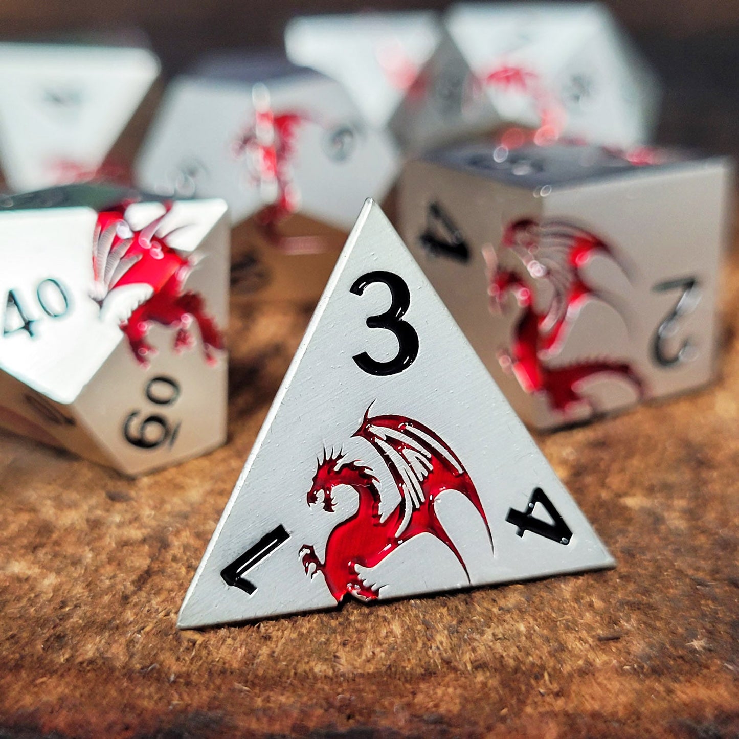 Dragons Flight Matte Silver Red Metal RPG Dice Set of 7