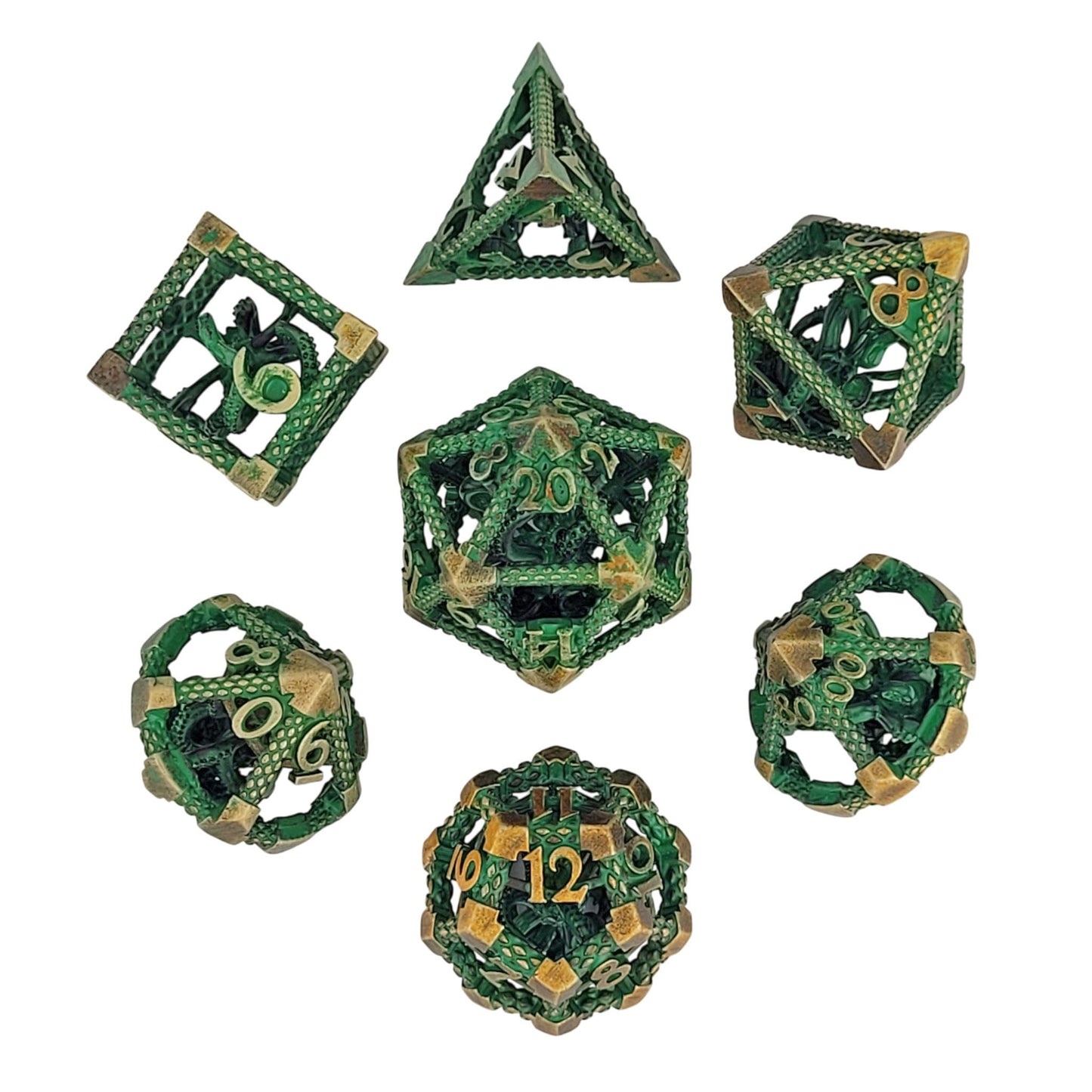 Deep Dreamer Bronze Green Hollow Metal RPG Dice Set of 7