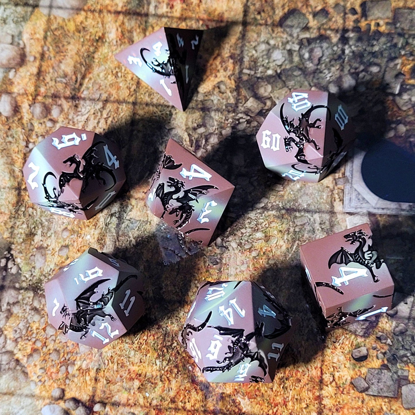Dragon Attack Brown Black Metal RPG Dice Set of 7