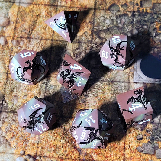 Dragon Attack Brown Black Metal RPG Dice Set of 7