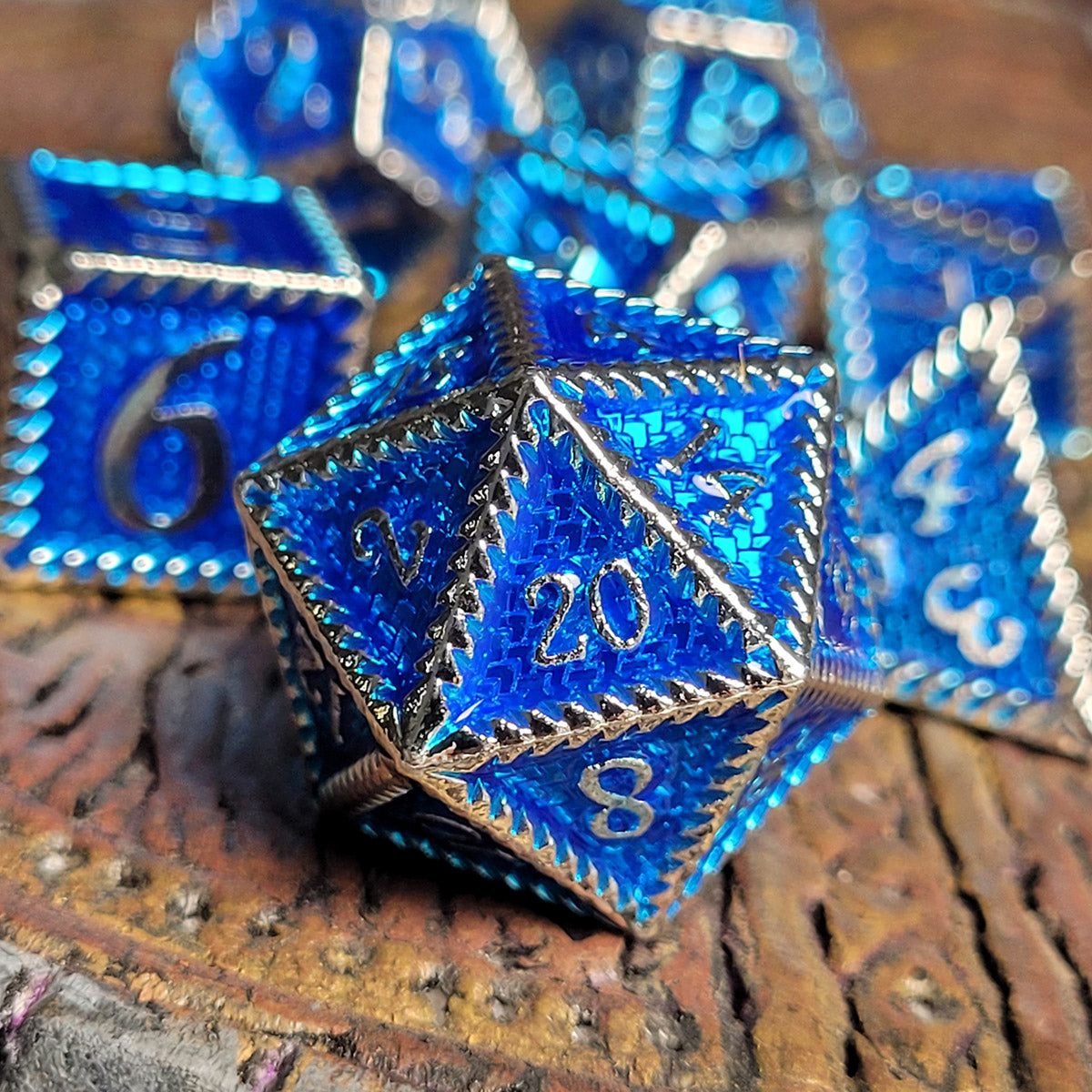 Deep Dragon Silver Blue Metal RPG Dice Set of 7