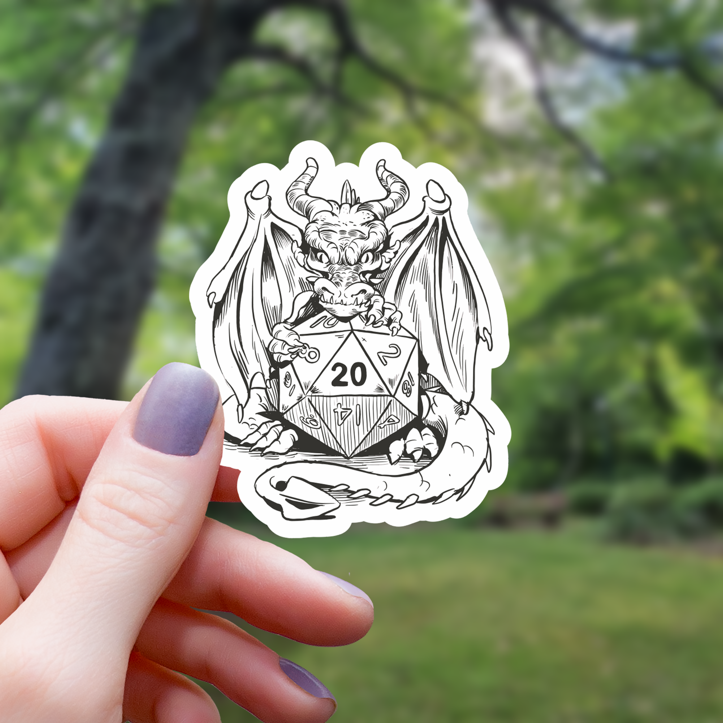 Dragon Holding D20 Polyhedral Dice Sticker - 3"