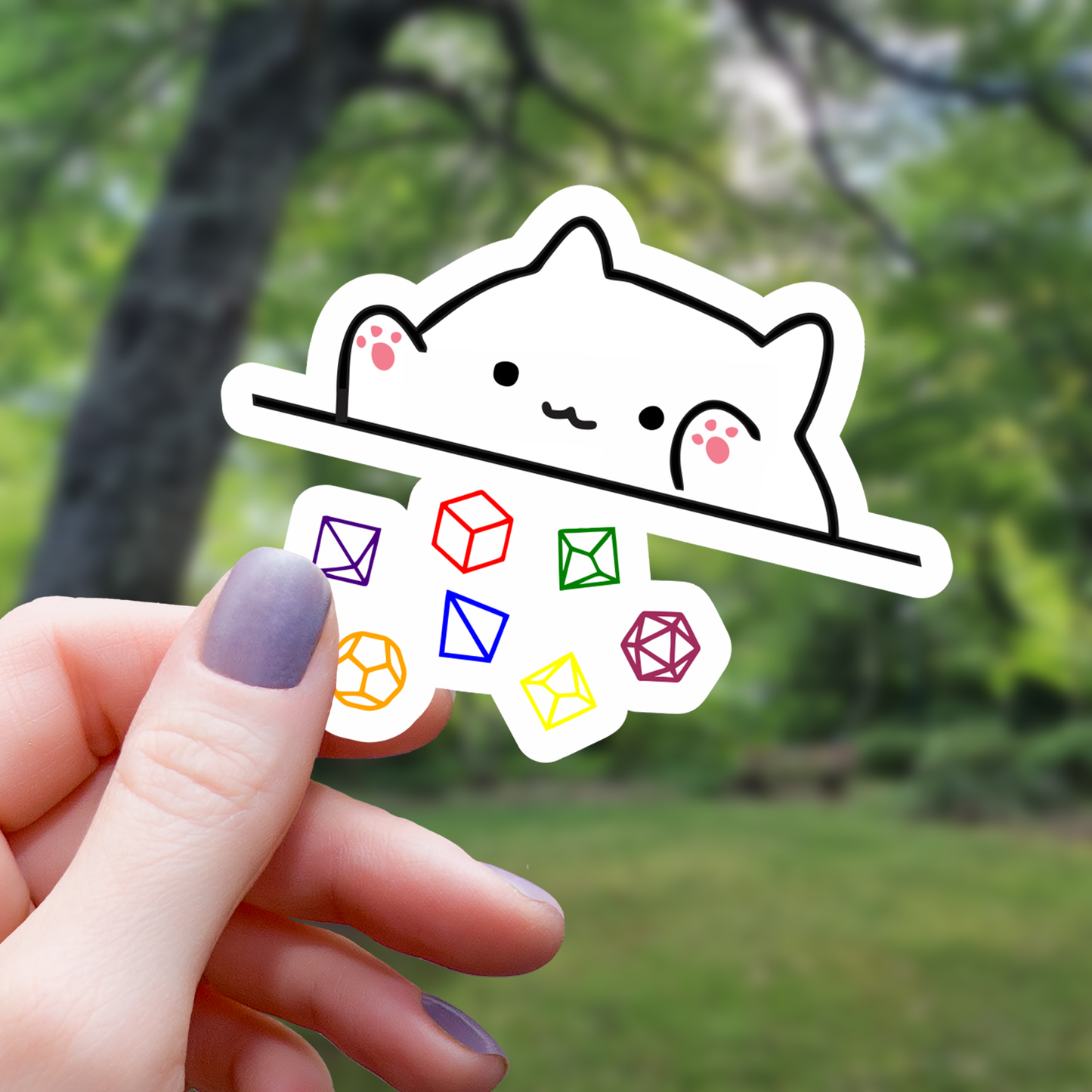 White Cat Throwing Polyhedral Dice Sticker - 3"