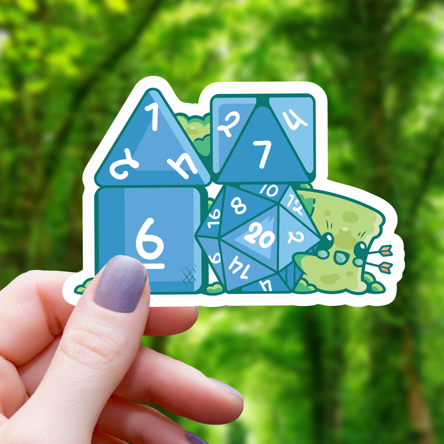 Monster Hiding Behind Polyhedral Dice Sticker - 3"
