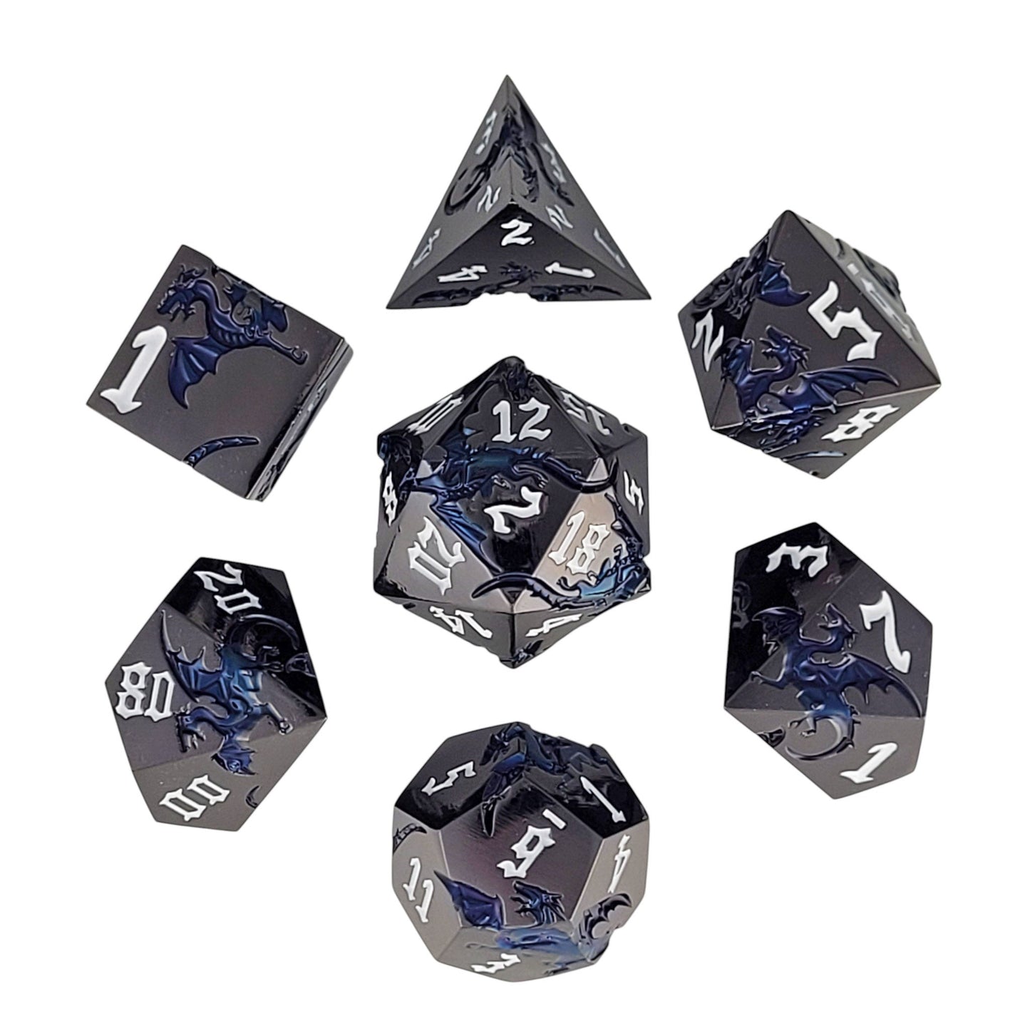 Dragon Attack Gunmetal Gloss Blue Metal RPG Dice Set of 7