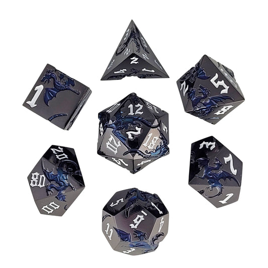 Dragon Attack Gunmetal Gloss Blue Metal RPG Dice Set of 7
