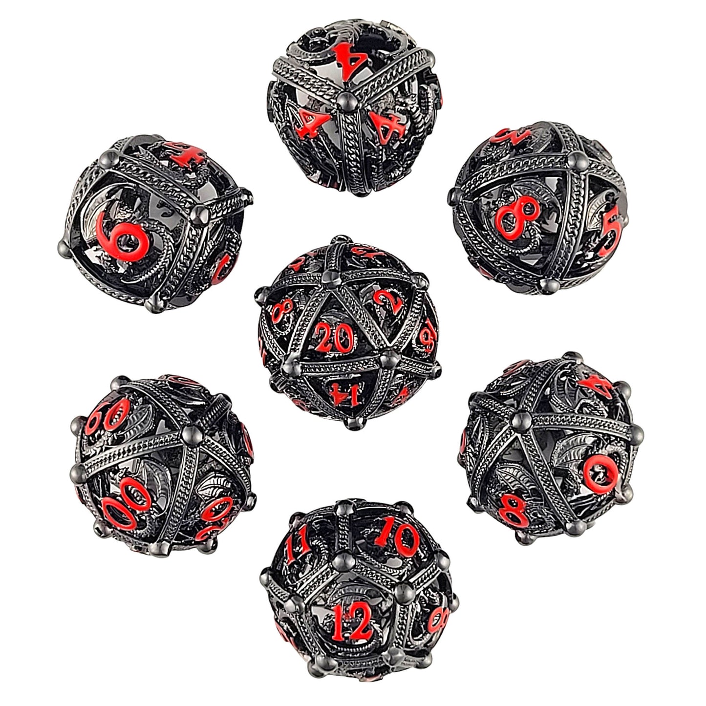 Dragons Bauble Gunmetal Red Hollow Metal RPG Dice Set