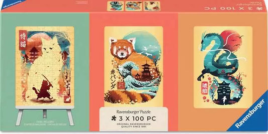 Cat Warrior, Red Panda & Dragon 3x100pc Mini Puzzl