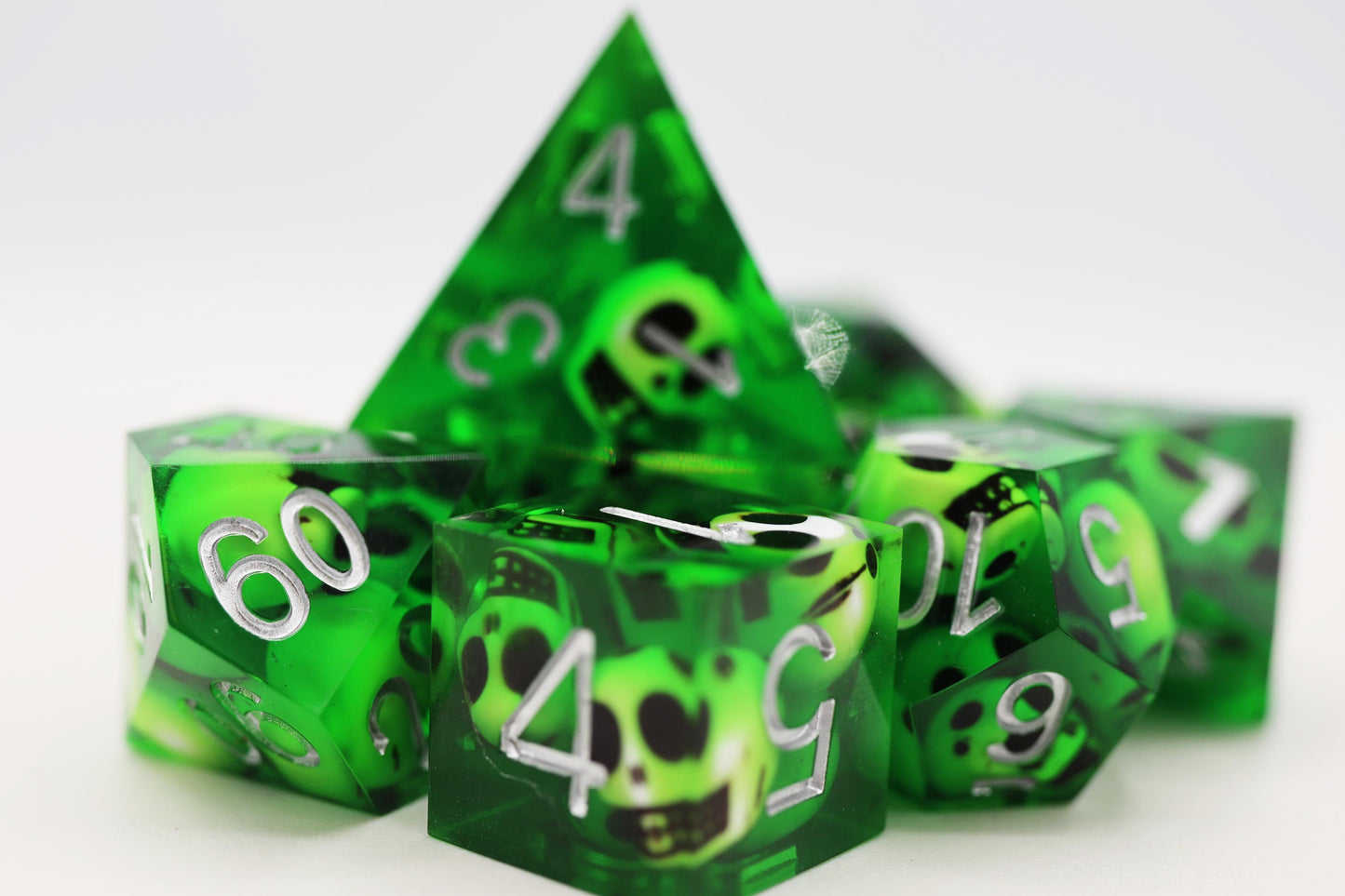 Sharp Edge Resin RPG Dice Set - Green Skulls