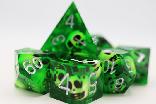 Sharp Edge Resin RPG Dice Set - Green Skulls