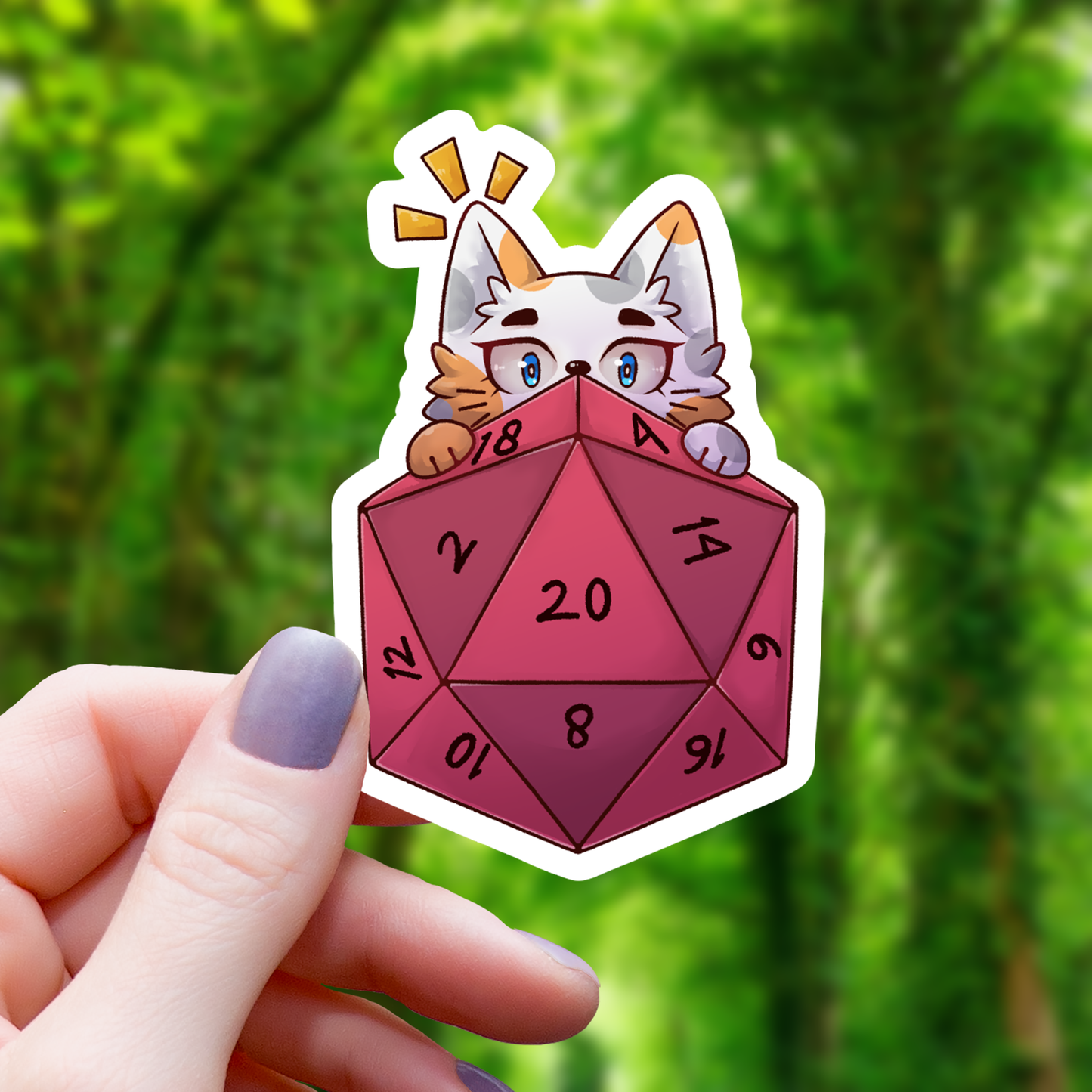 Cat Peeking Over D20 Dice Sticker - 3"