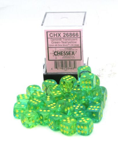 Gemini: 12mm d6 Translucent Green-Teal/yellow Dice Block (36 dice)