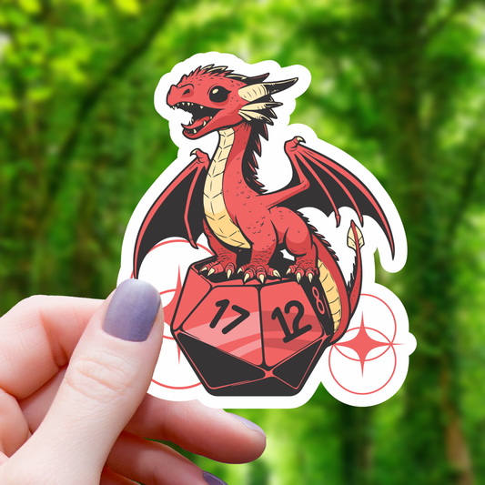 Red Dragon Perched on D20 Sticker - 3"