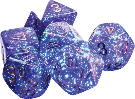 Borealis: Polyhedral Royal Purple/gold Luminary 7-Die Set.