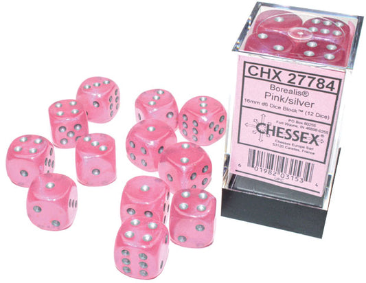 Borealis: 16mm d6 Pink/silver Luminary Dice Block (12 dice)